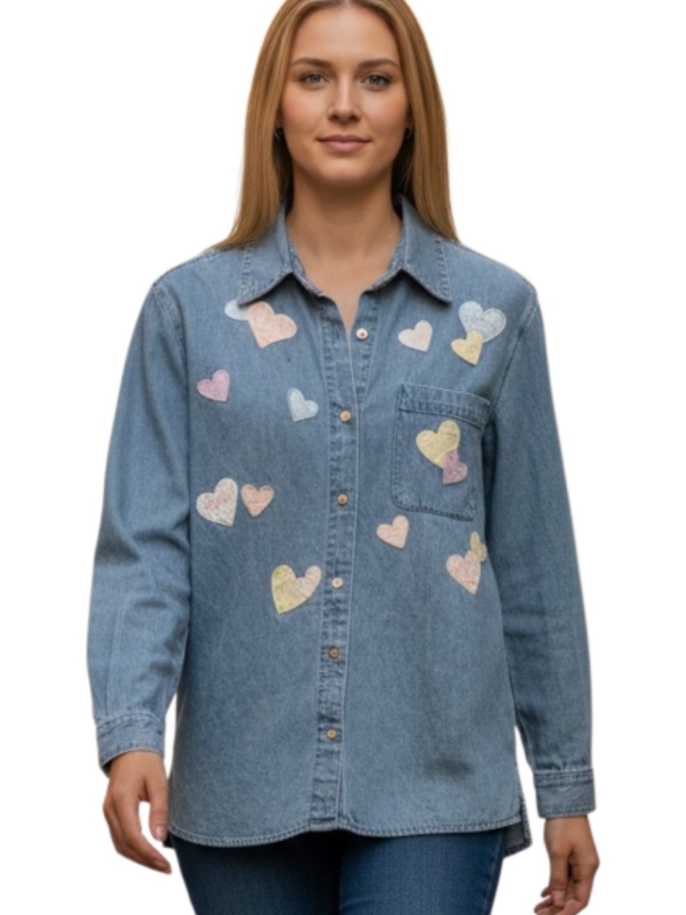 Quacker Factory Denim Button-Up Shirt with Pastel Embroidery